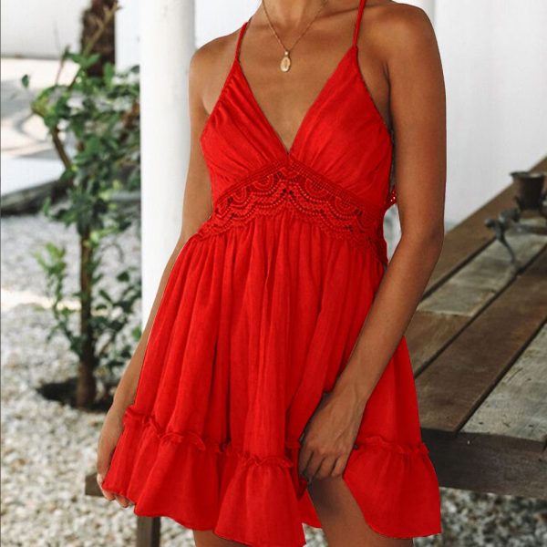 Summer Dress Sexy Spaghetti Strap, Lace Sundress Beach Style Backless Ruffle Hem