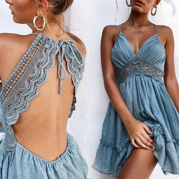 Summer Dress Sexy Spaghetti Strap, Lace Sundress Beach Style Backless Ruffle Hem